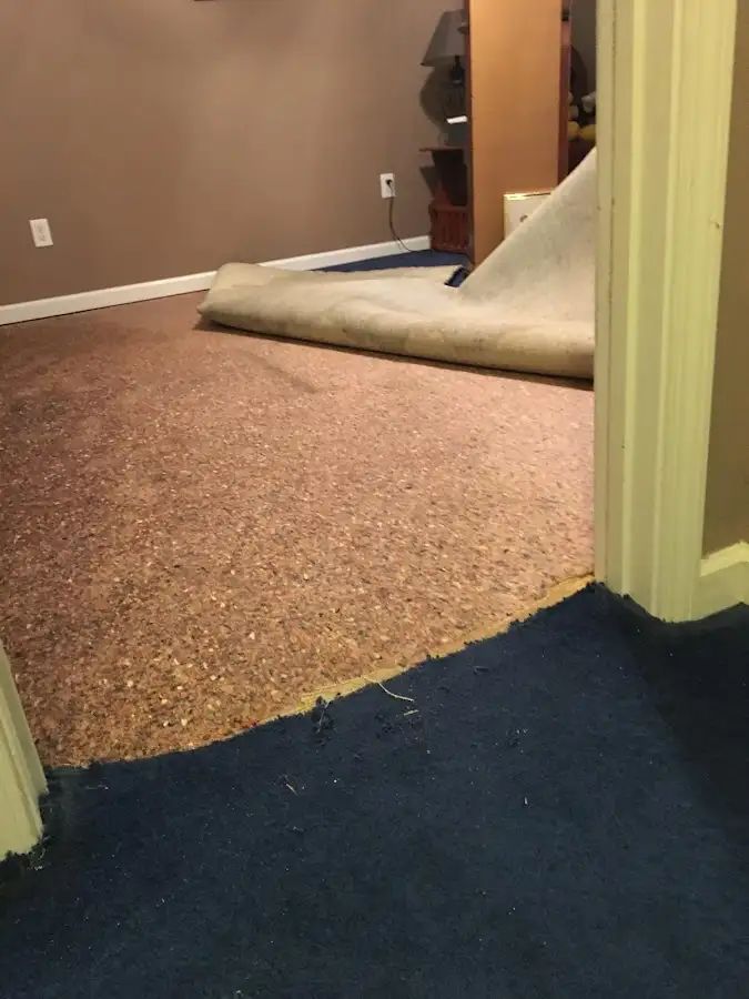 Carpet pad removal revealing water damage during Water Mitigation Services in Pine Hill